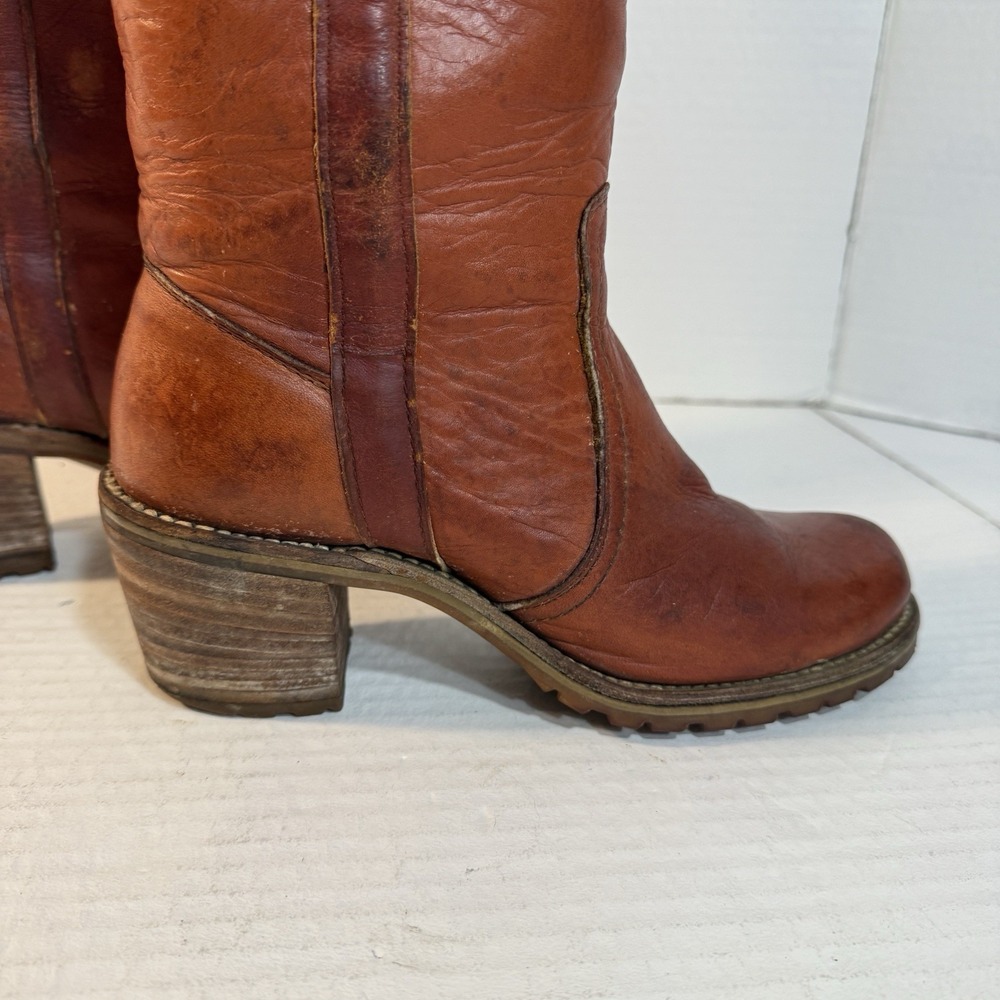 VTG Frye Campus Boots Sz 6 70s Knee High Cuff Black Label Cognac Orig Box USA - Picture 8 of 16